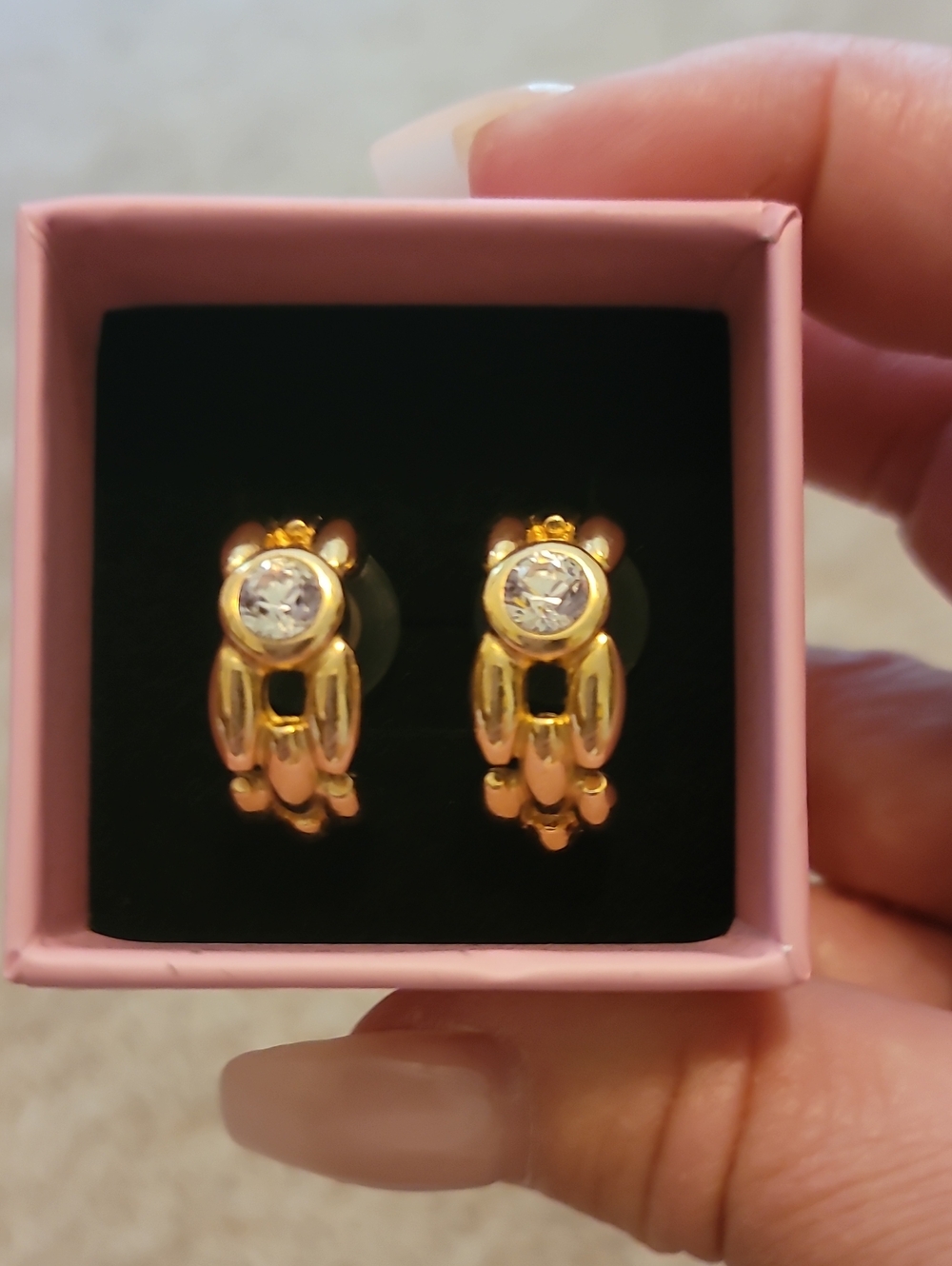 Christian Dior Vintage Gold-Tone Rhinestone Hoop Huggie Pierced Earrings - Picture 1 of 7